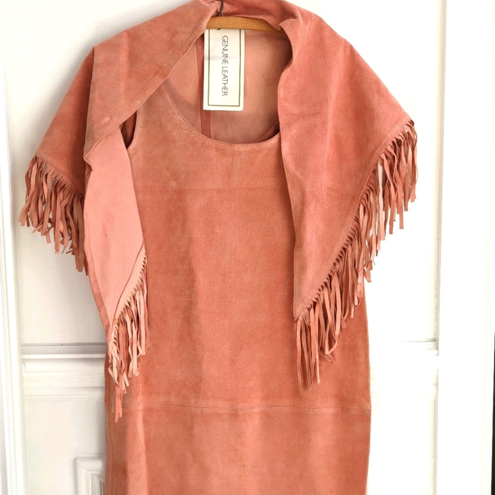 Vintage pink suede dress w/ fringe scarf - Picture 3 of 11